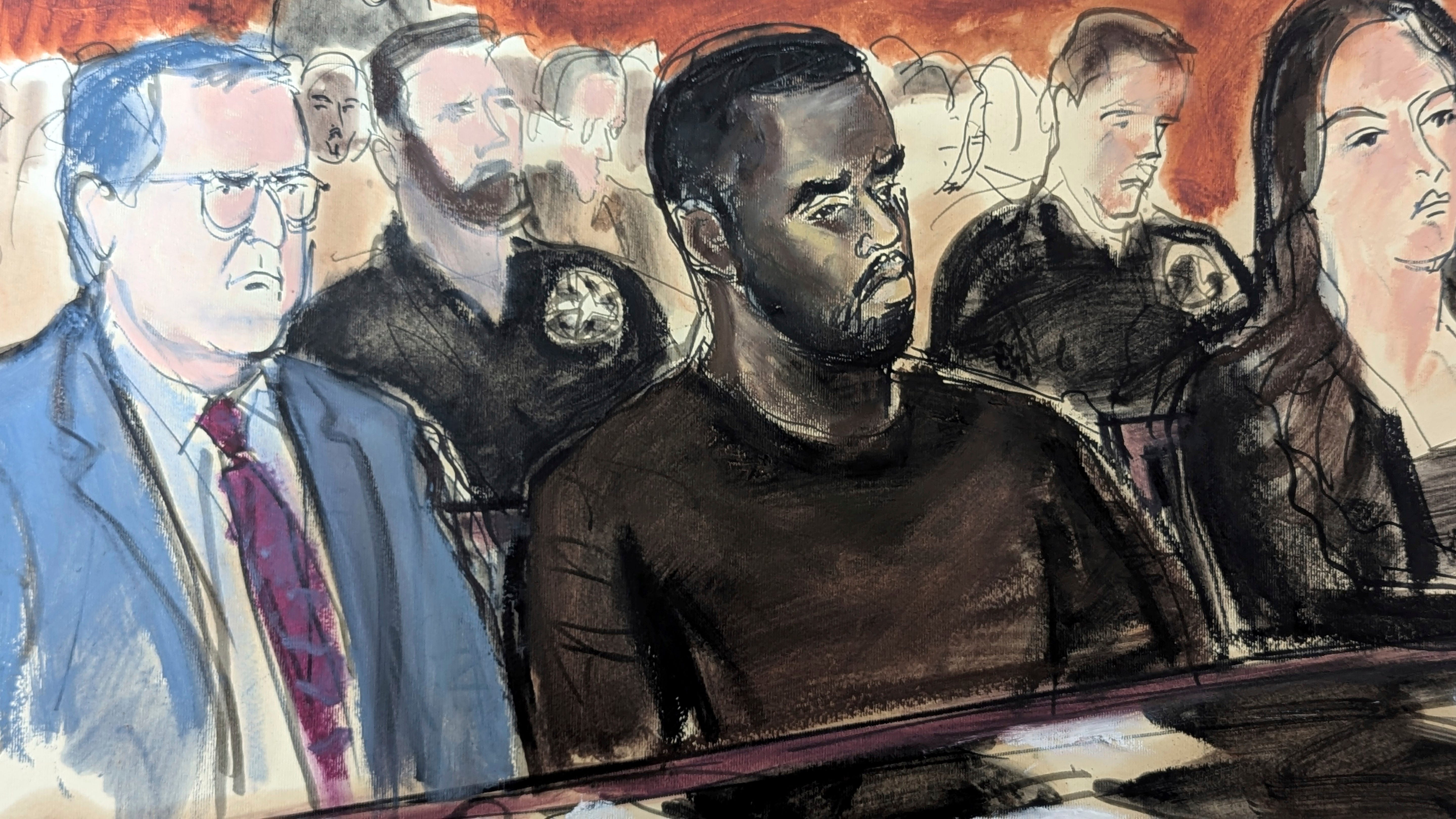 A courtroom sketch of Sean Combs among other people.