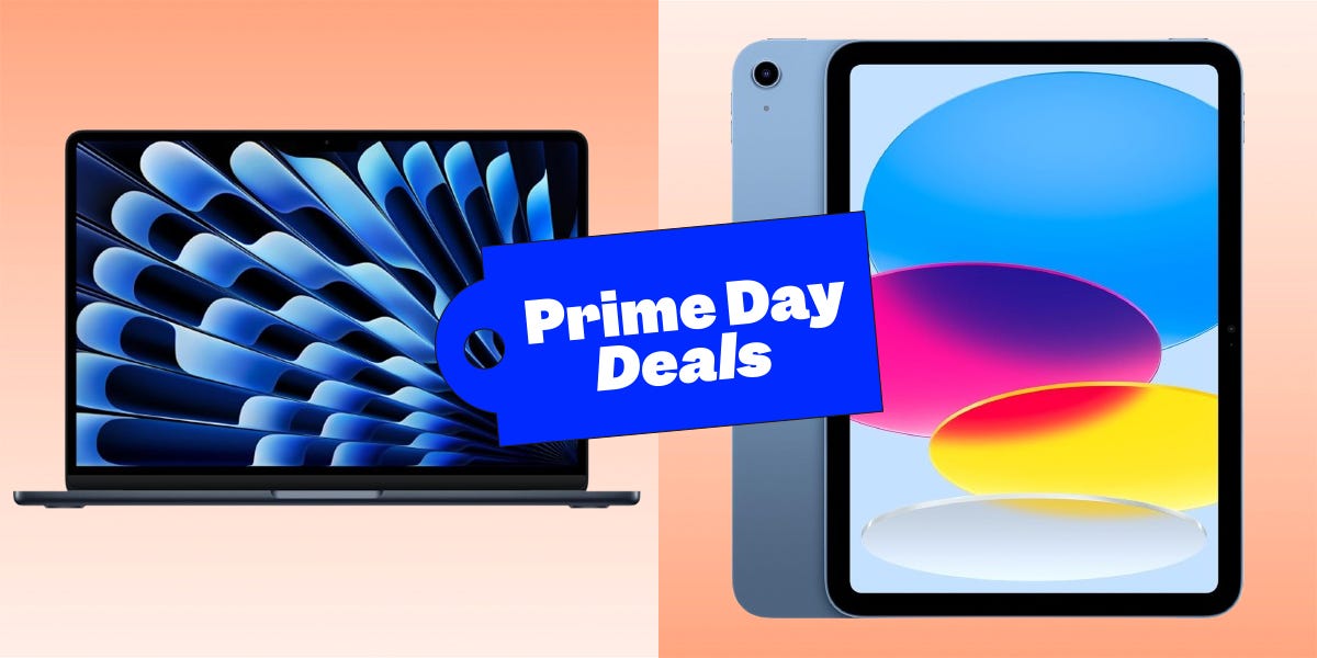 This is a side-by-side composite image of the best Prime Day Apple deals. A MacBook Air is next to an iPad on a light orange gradient background,<br /><a href=