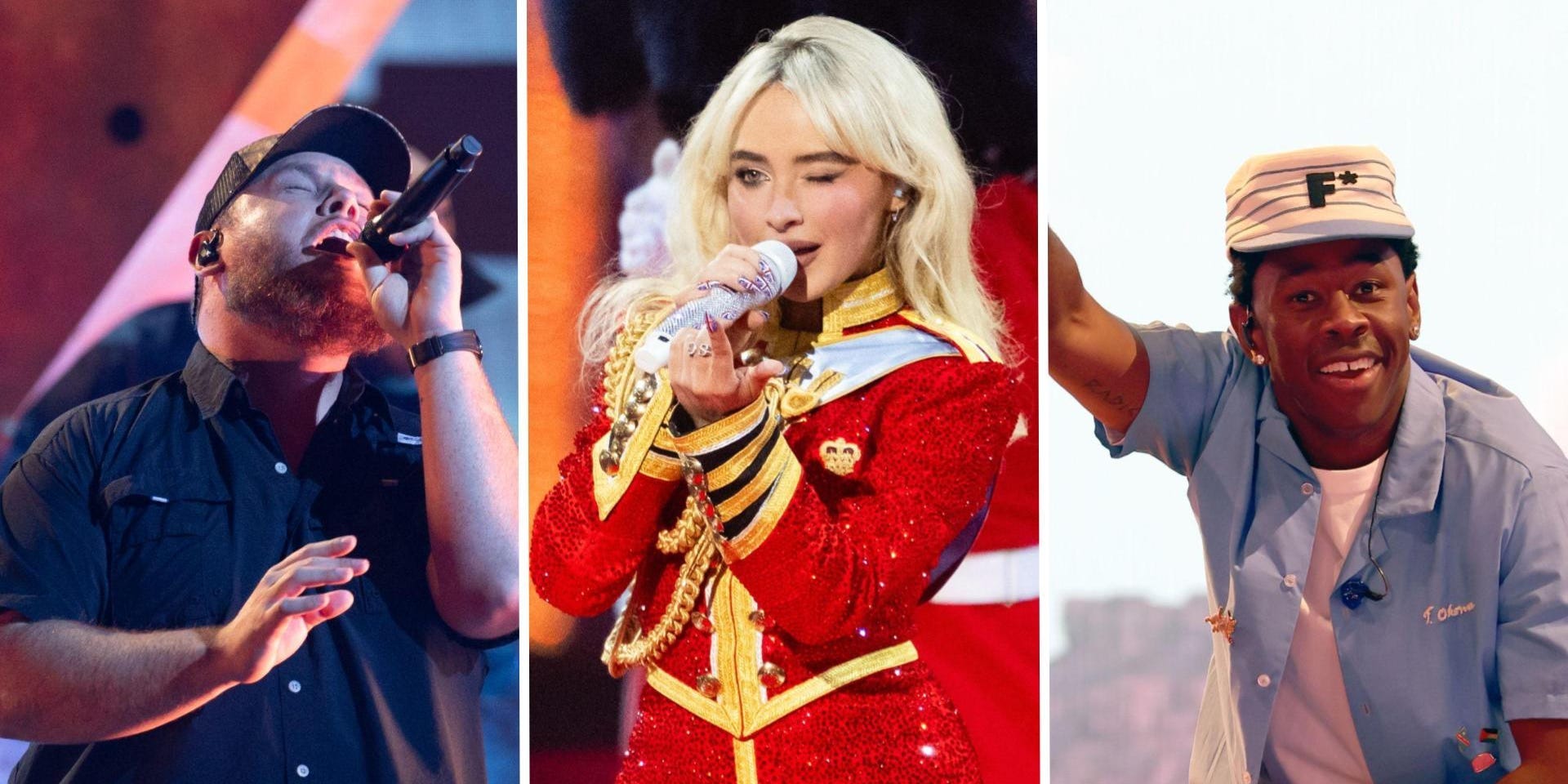 a side by side collage of luke combs, sabrina carpenter, and tyler the creator performing live for Lollapalooza 2025