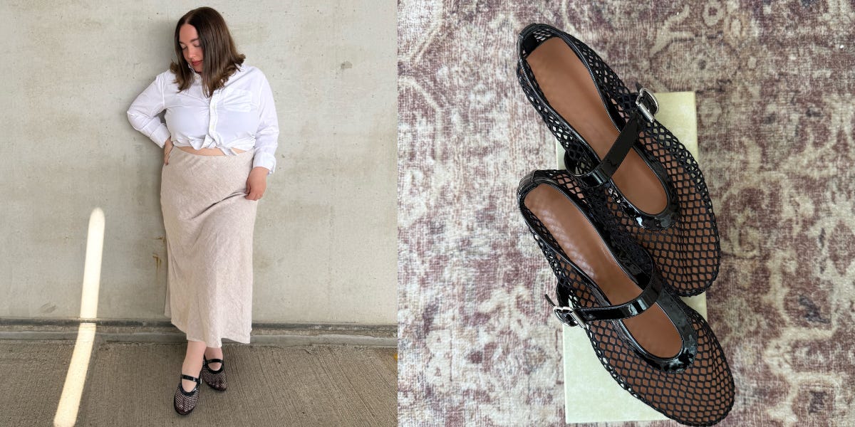 Left: The author wearing black mesh Mary Jane flats with patent leather straps, styled with a tied white button-down shirt and beige linen maxi skirt—lightweight summer outfit<br /><a href=