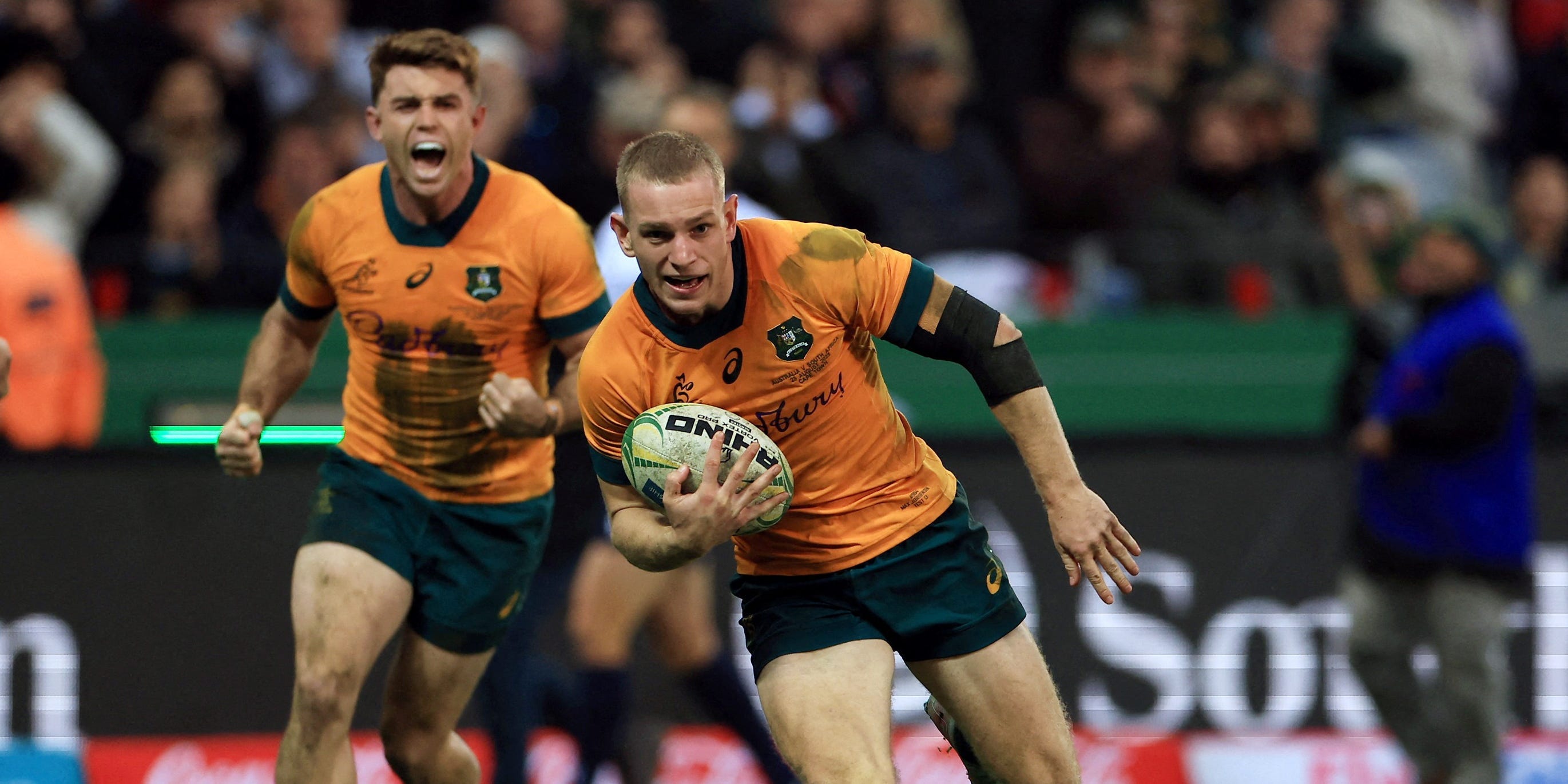 Australia's Max Jorgensen scores a try during a 2025 Rugby Championship match against South Africa.