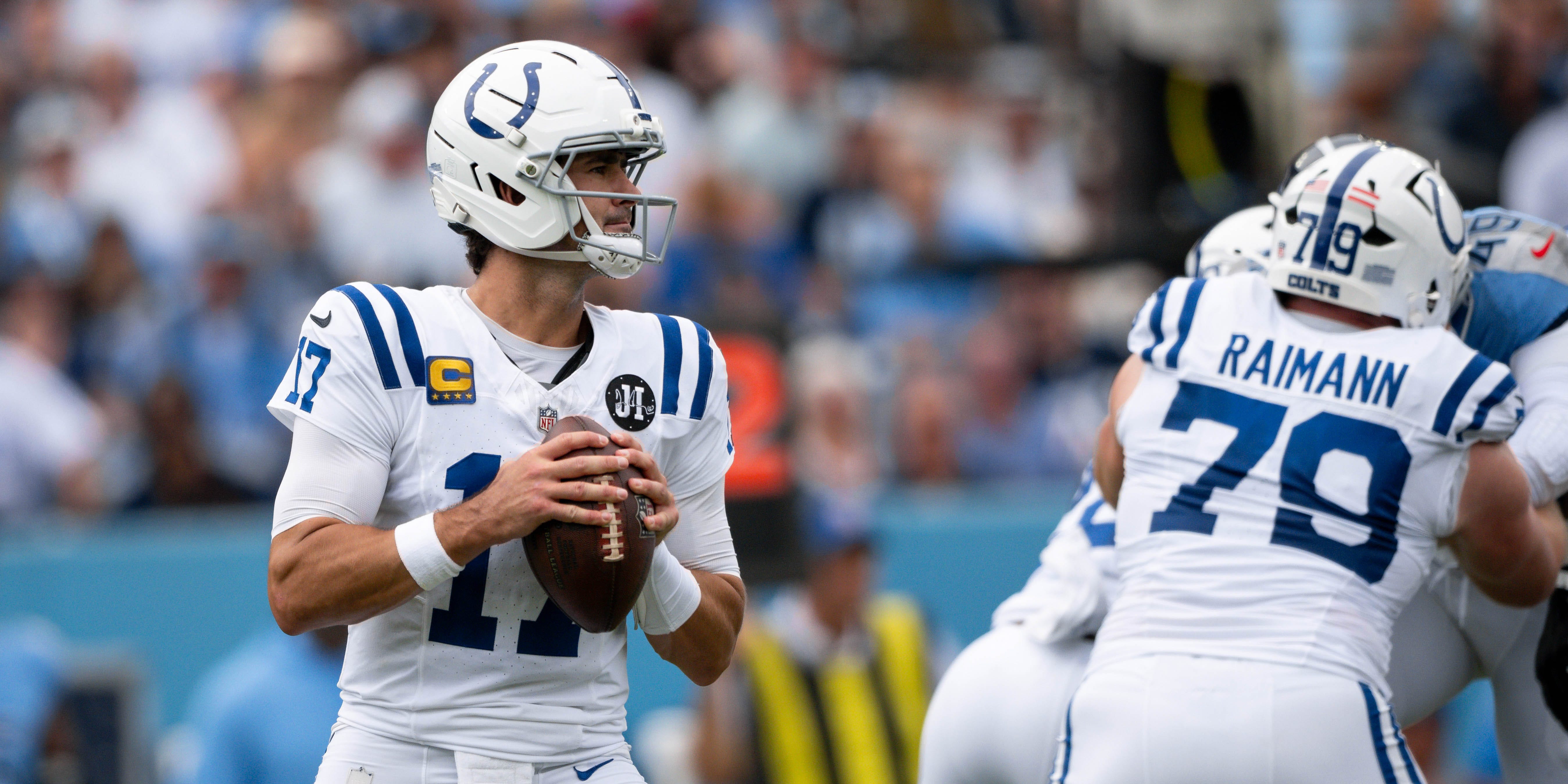 Indianapolis Colts quarterback Daniel Jones (17) stands in the pocket holding the football during a 2025 game.