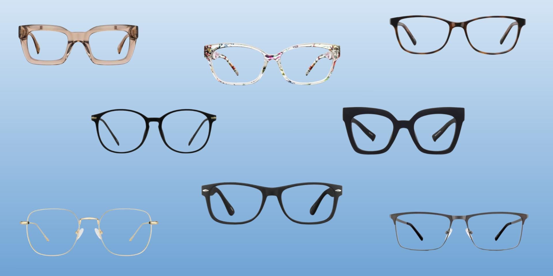 Zenni glasses against a blue background.