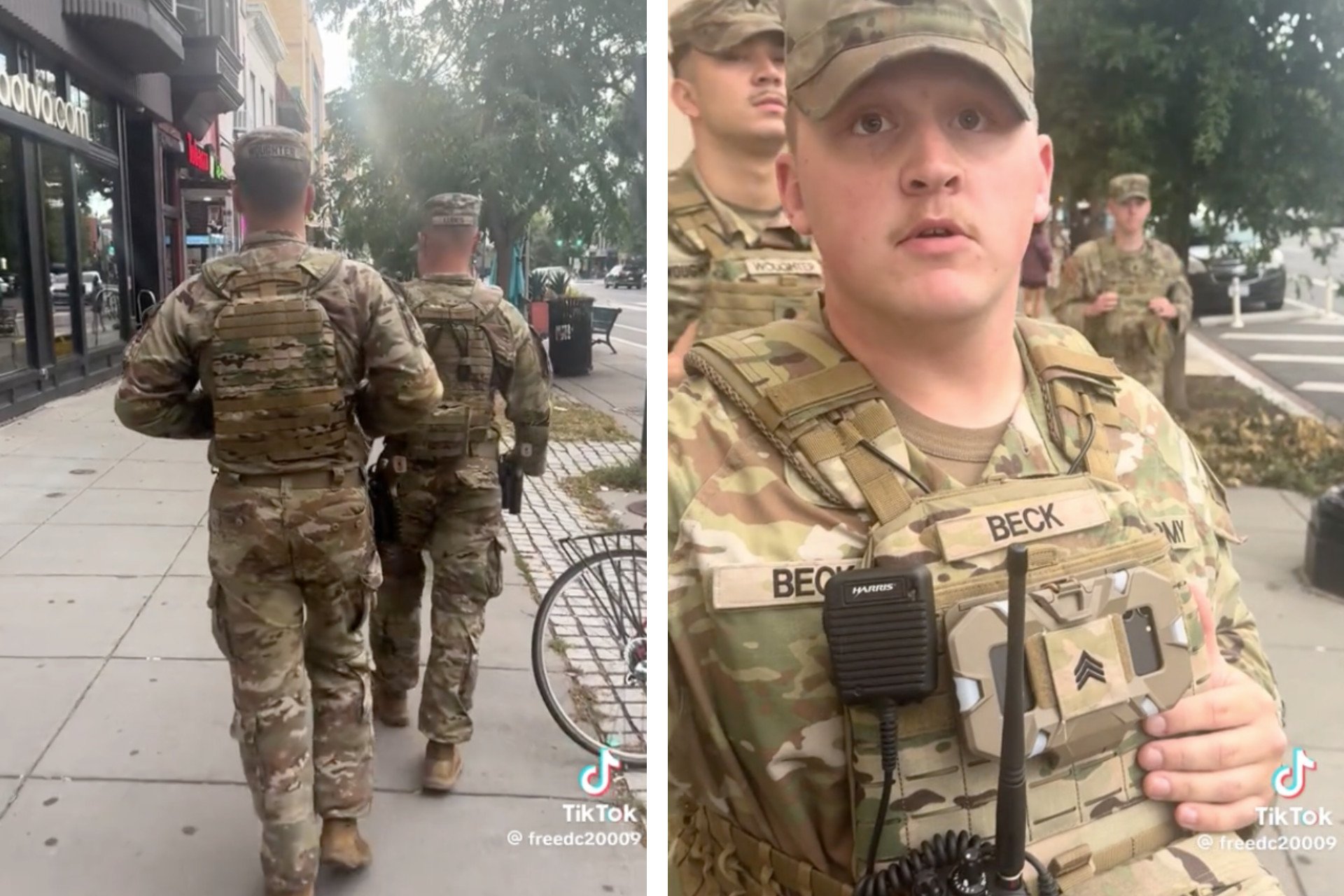 Screenshots from a TikTok video showing Sam O'Hara protesting the presence of National Guard troops by playing The Imperial March on Sept. 11, 2025 in Washington, D.C.
