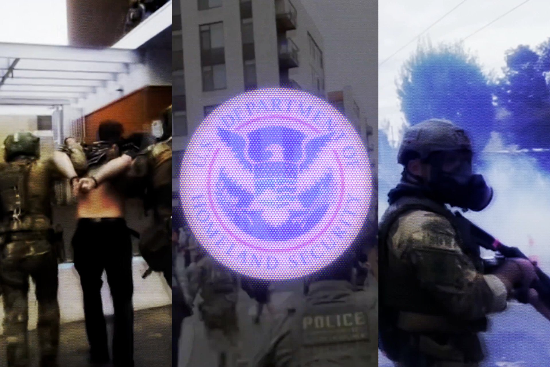 Screenshots from a video posted Oct. 23, 2025 by the U.S. Department of Homeland Security (DHS) featuring a slowed down version of the song "Little Dark Age" by MGMT.