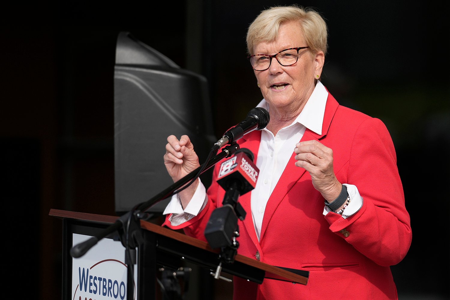 Rep. Chellie Pingree talks with people at an opening celebration of Stroudwater Apartments, a new 55-plus apartment building, on Friday, October 4, 2024.