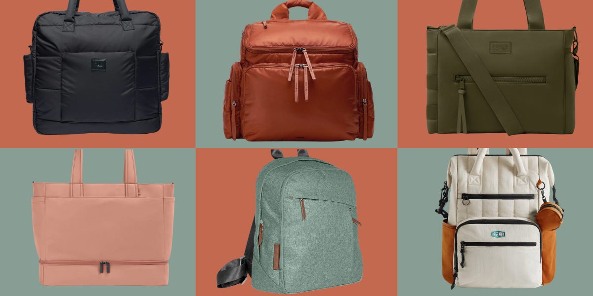 Grid of six diaper bags on a green and rust background.
Top row (left to right): Black puffy tote with top handles, burnt orange backpack with multiple compartments,<br /><a href=