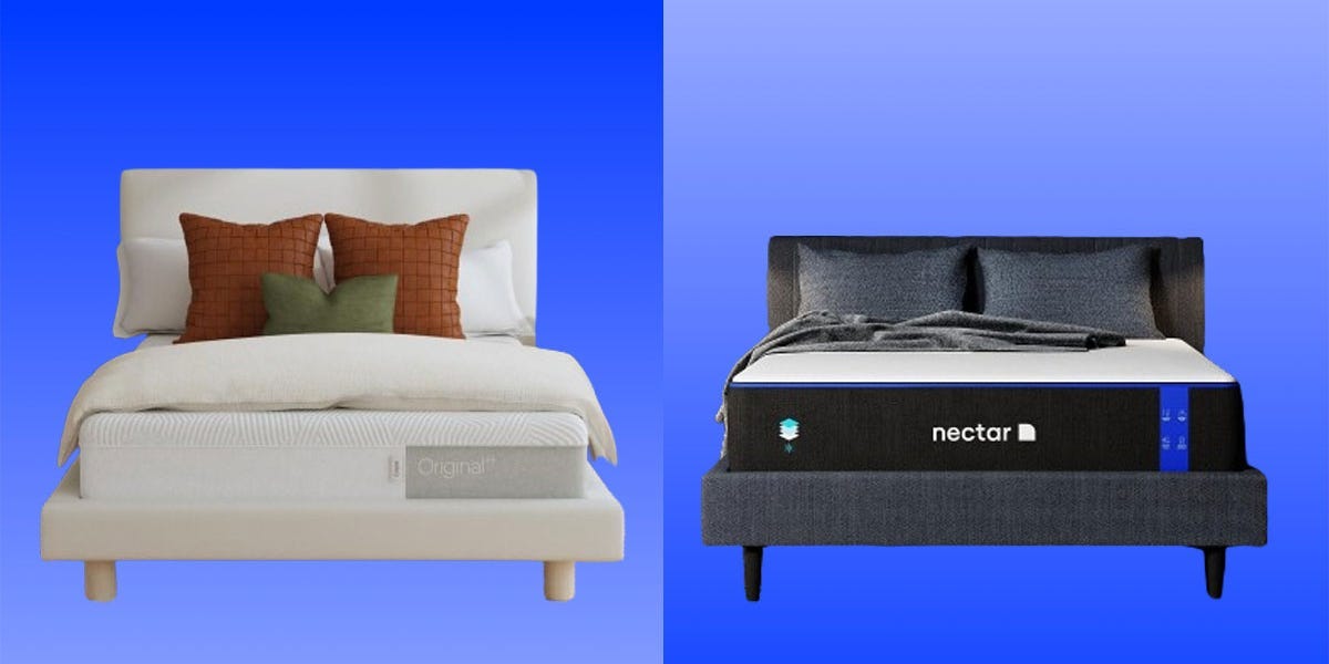 side by side of a casper and a nectar mattress on a blue gradient
