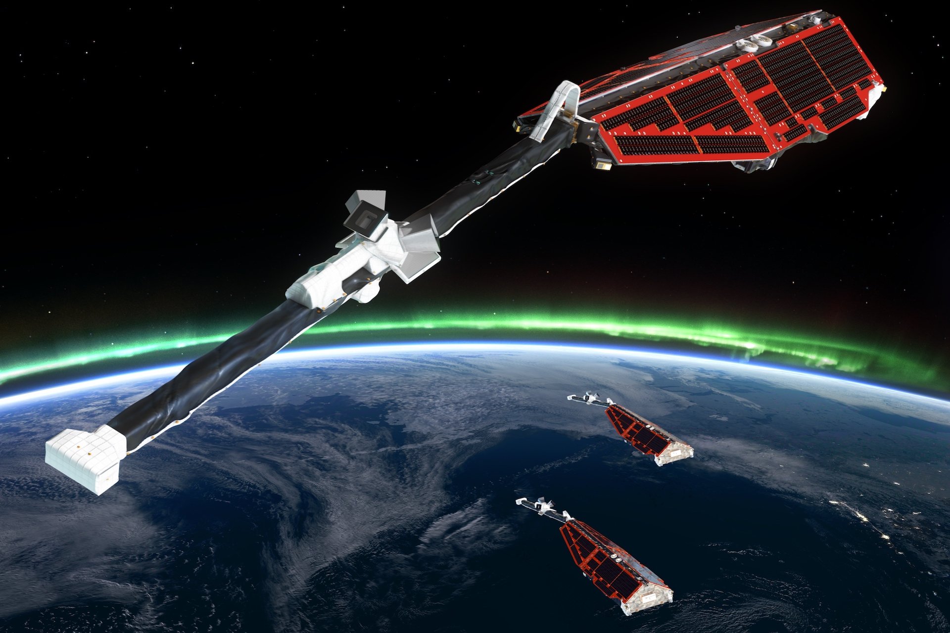 An illustration of the Swarm constellation in Earth orbit.