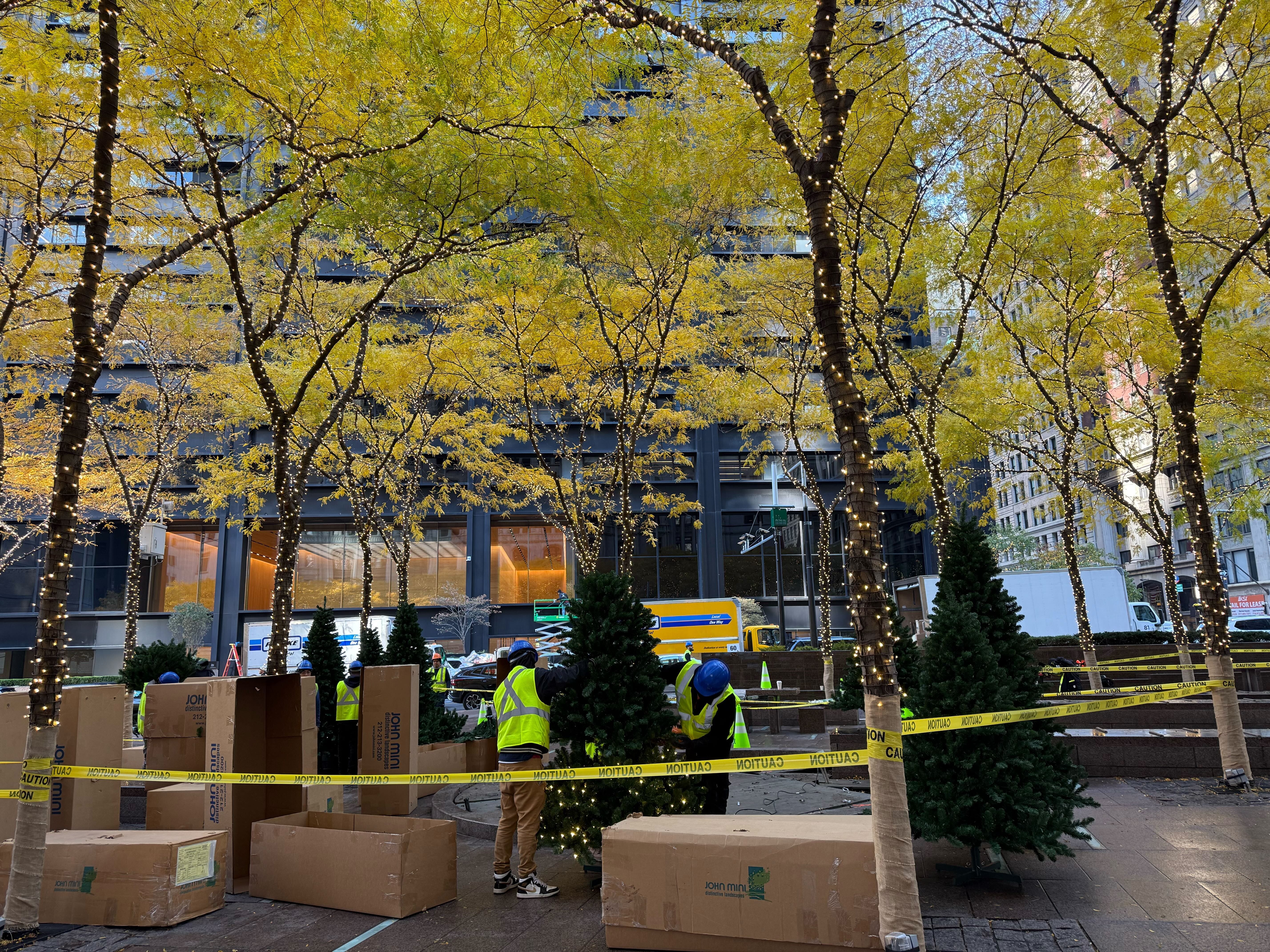Christmas decorations at Zuccotti Park in New York City on November 8, 2025.