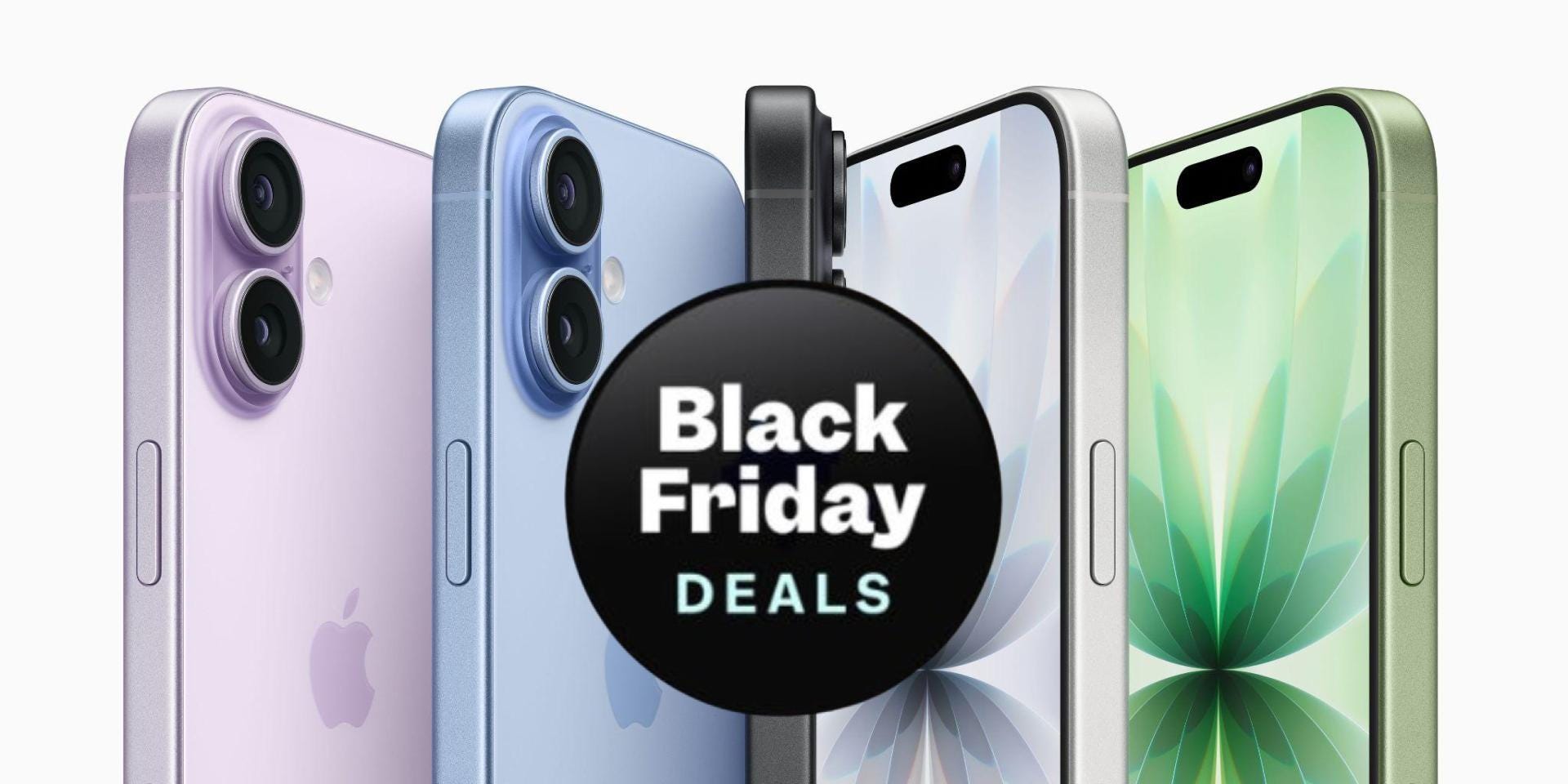 Black Friday deals graphic featuring multiple iPhone 17s in pastel colors, including purple, blue, silver, and green, with a circular Black Friday badge in the center.
