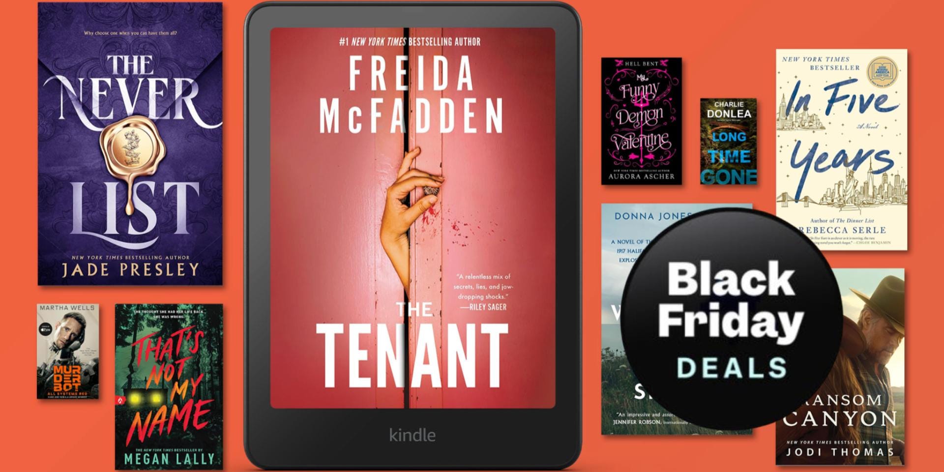 Black Friday deals graphic featuring a Kindle displaying The Tenant by Freida McFadden surrounded by book covers, including The Never List by Jade Presley and In Five<br /><a href=