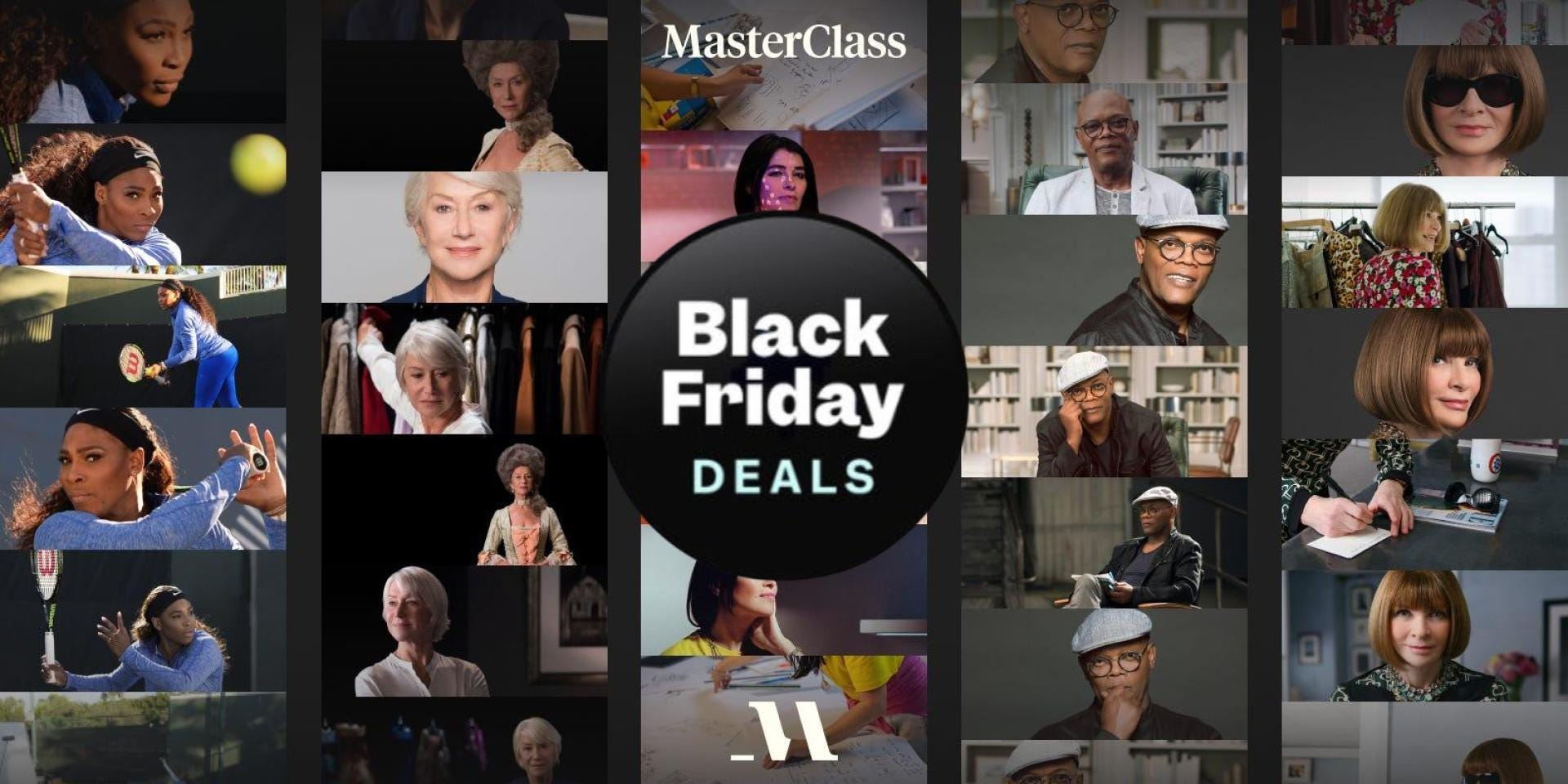 MasterClass Black Friday deals graphic featuring a collage of instructors, including athletes, actors, and fashion icons, surrounding a central Black Friday badge.