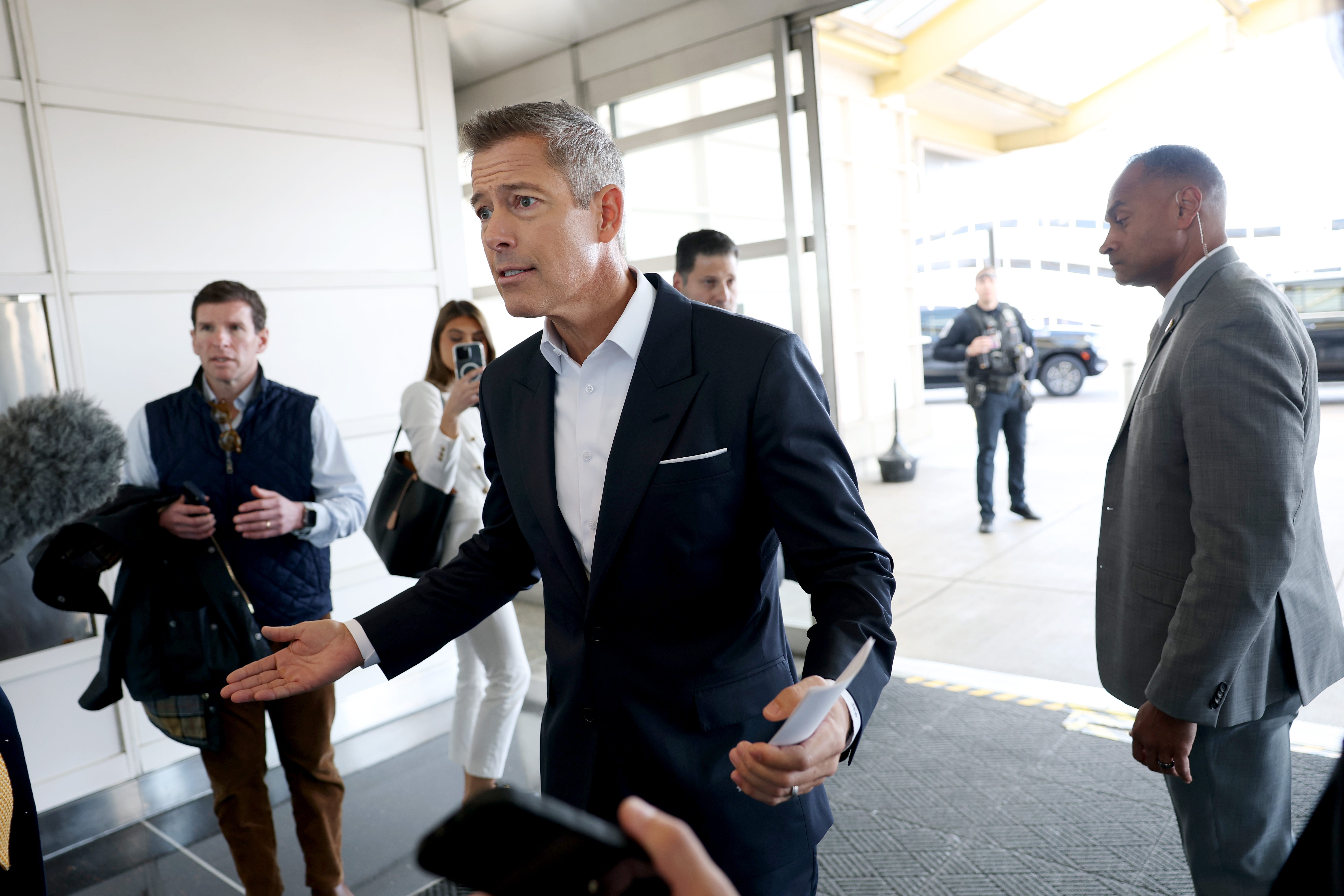 Transportation Secretary Sean Duffy speaks to reporters during a visit at the Ronald Reagan Washington National Airport on November 07, 2025 in Arlington, Virginia.