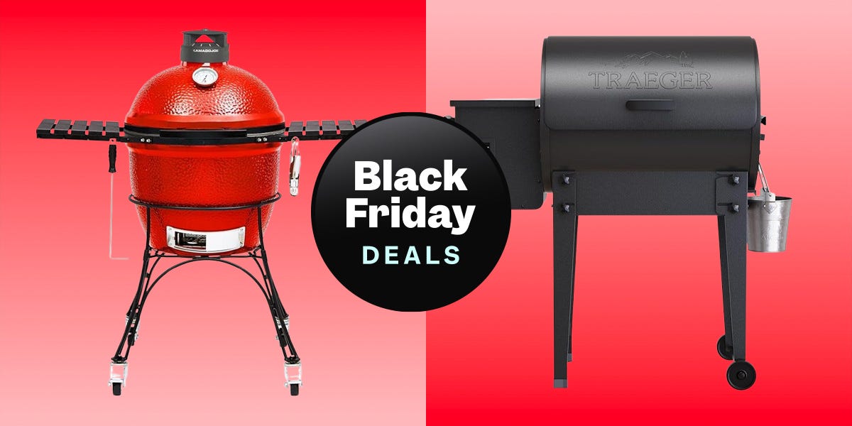 An original side by side image of a Kamado Joe grill and a Traeger grill on a red gradient background with a badge that reads black friday<br /><a href=