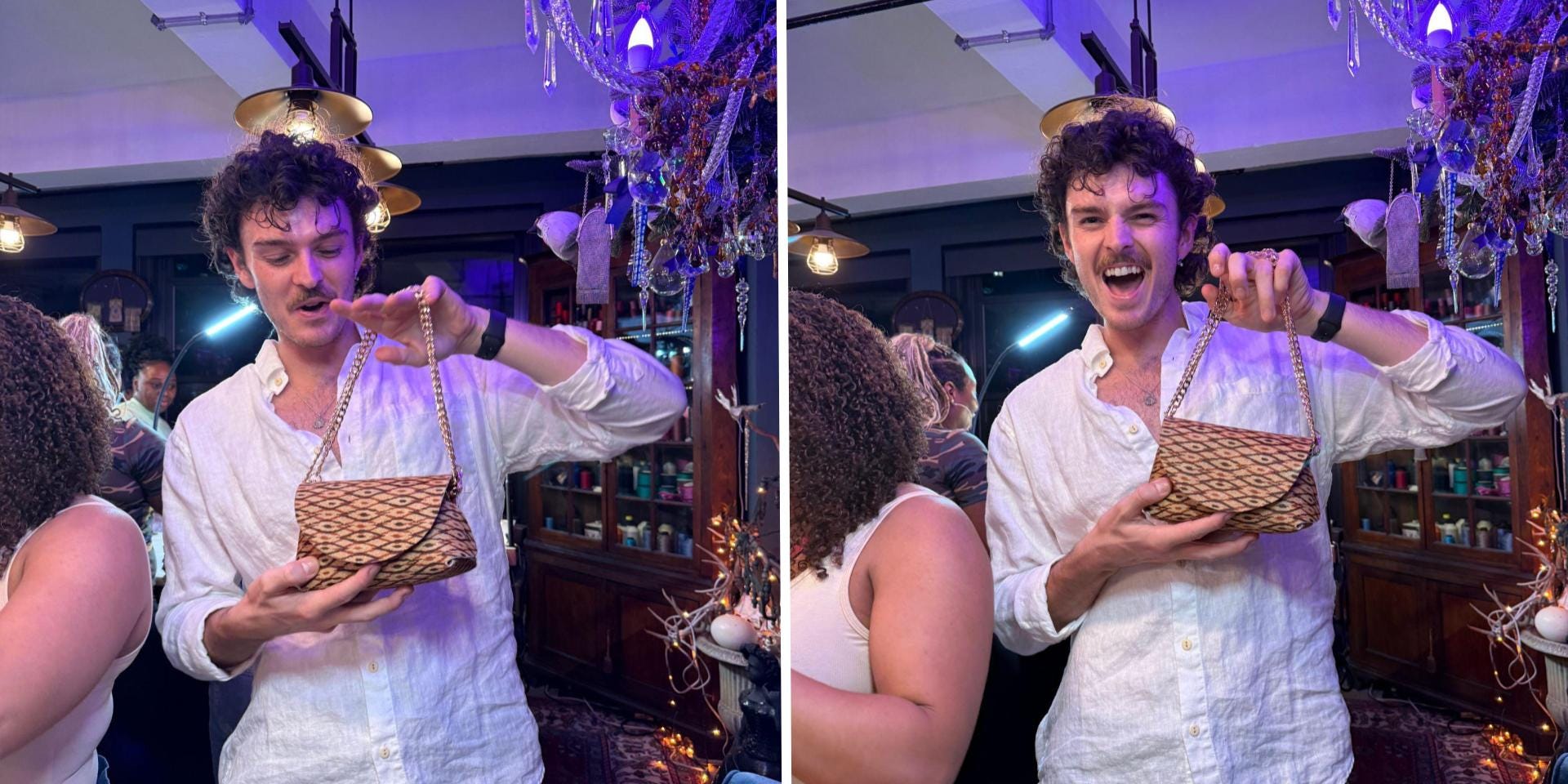 benjamin chipman holding up a purse