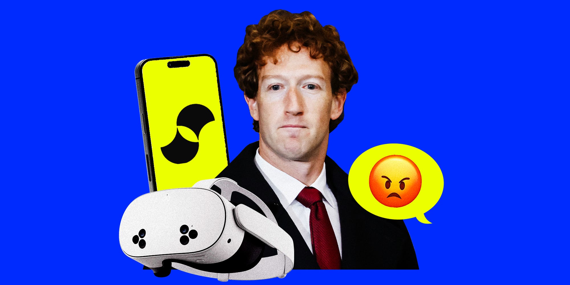 Photo collage featuring Mark Zuckerburg, a Meta Quest, and. a phone displaying the Supernatural logo