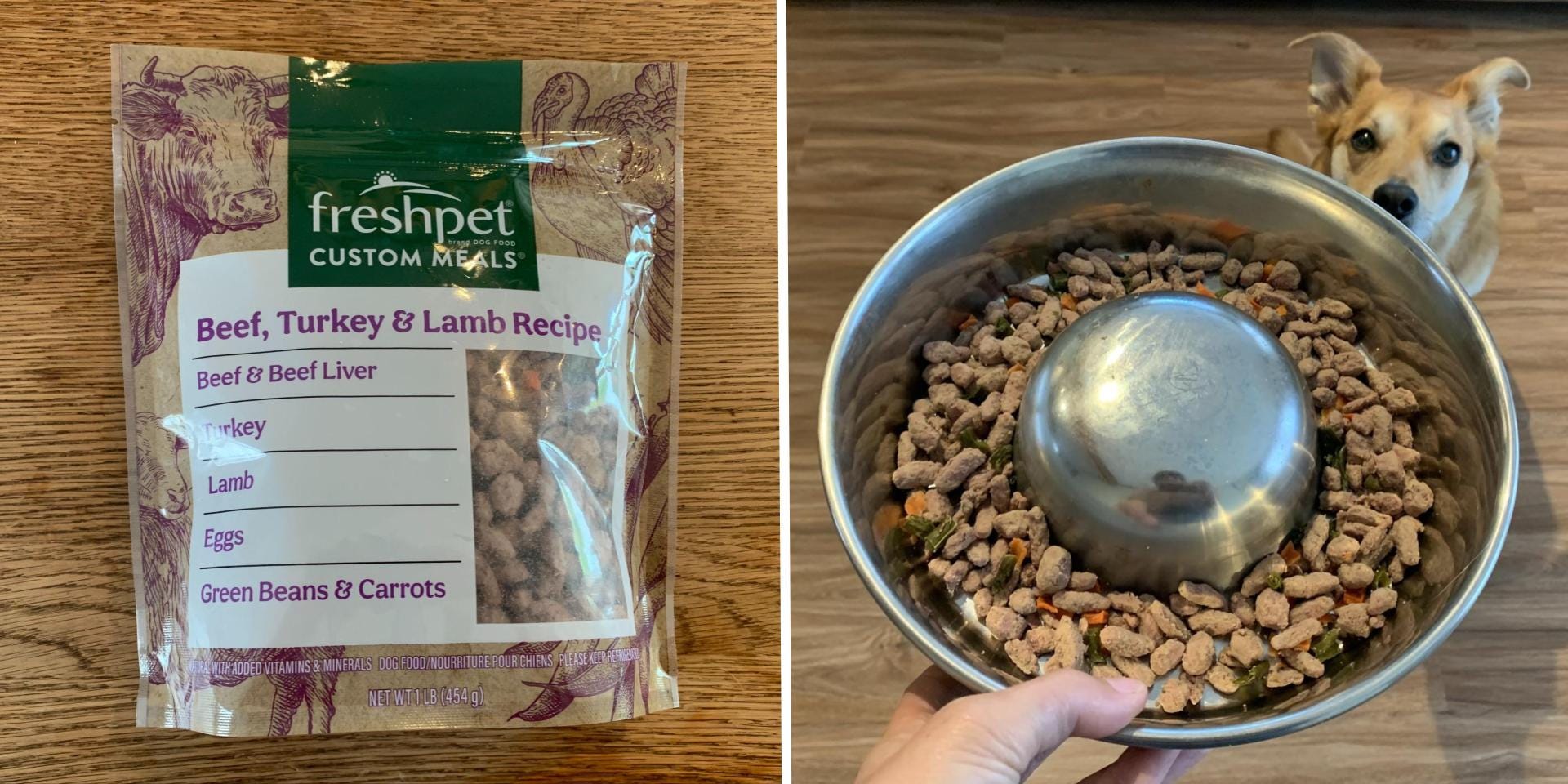 A bag of Freshpet Custom Meals dog food labeled "Beef, Turkey & Lamb Recipe" is on the left, and on the right, a dog is looking up<br /><a href=