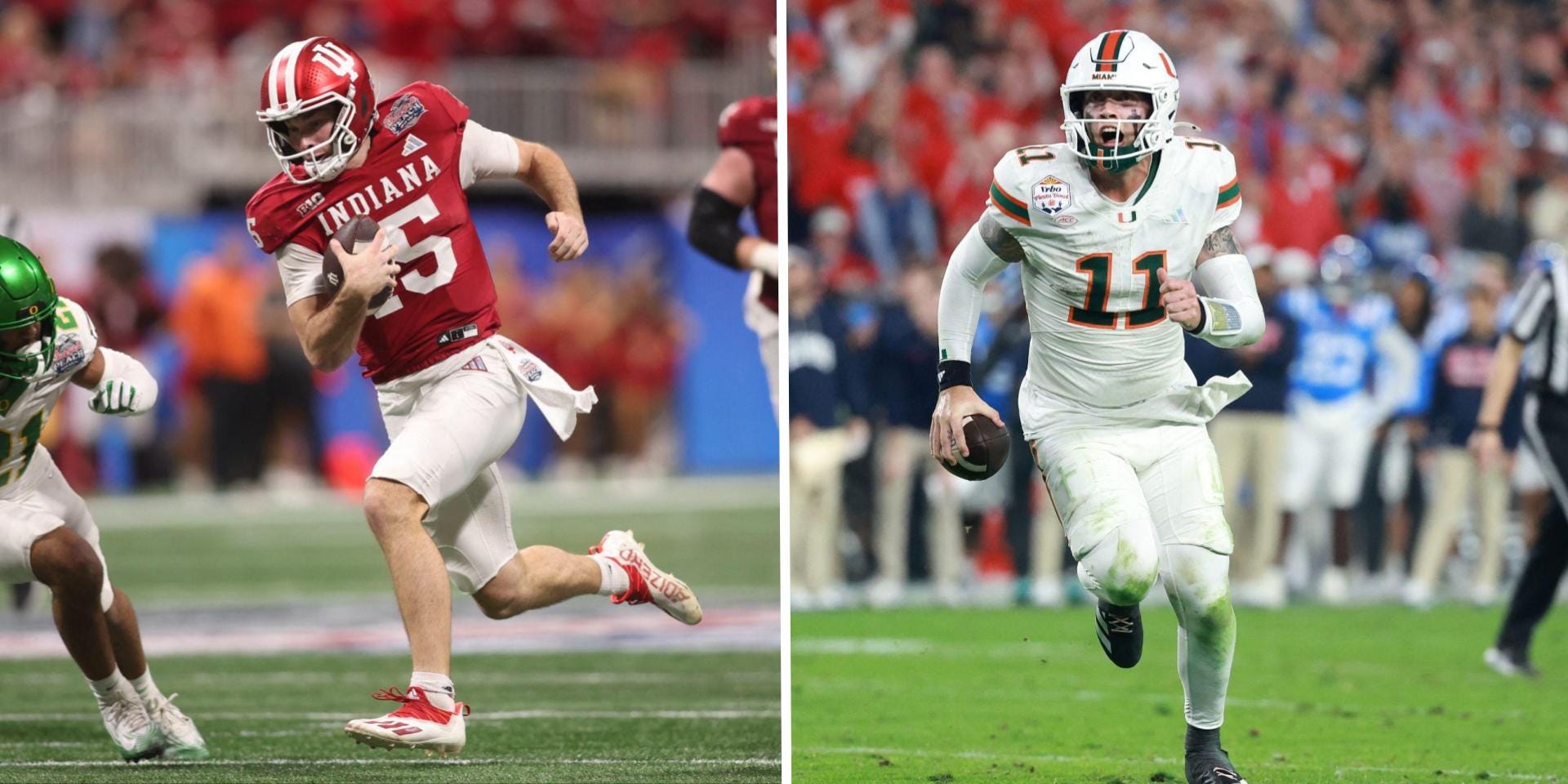 A composite image of Indiana Hoosiers quarterback Fernando Mendoza and Miami Hurricanes quarterback Carson Beck running up the field with footballs.
