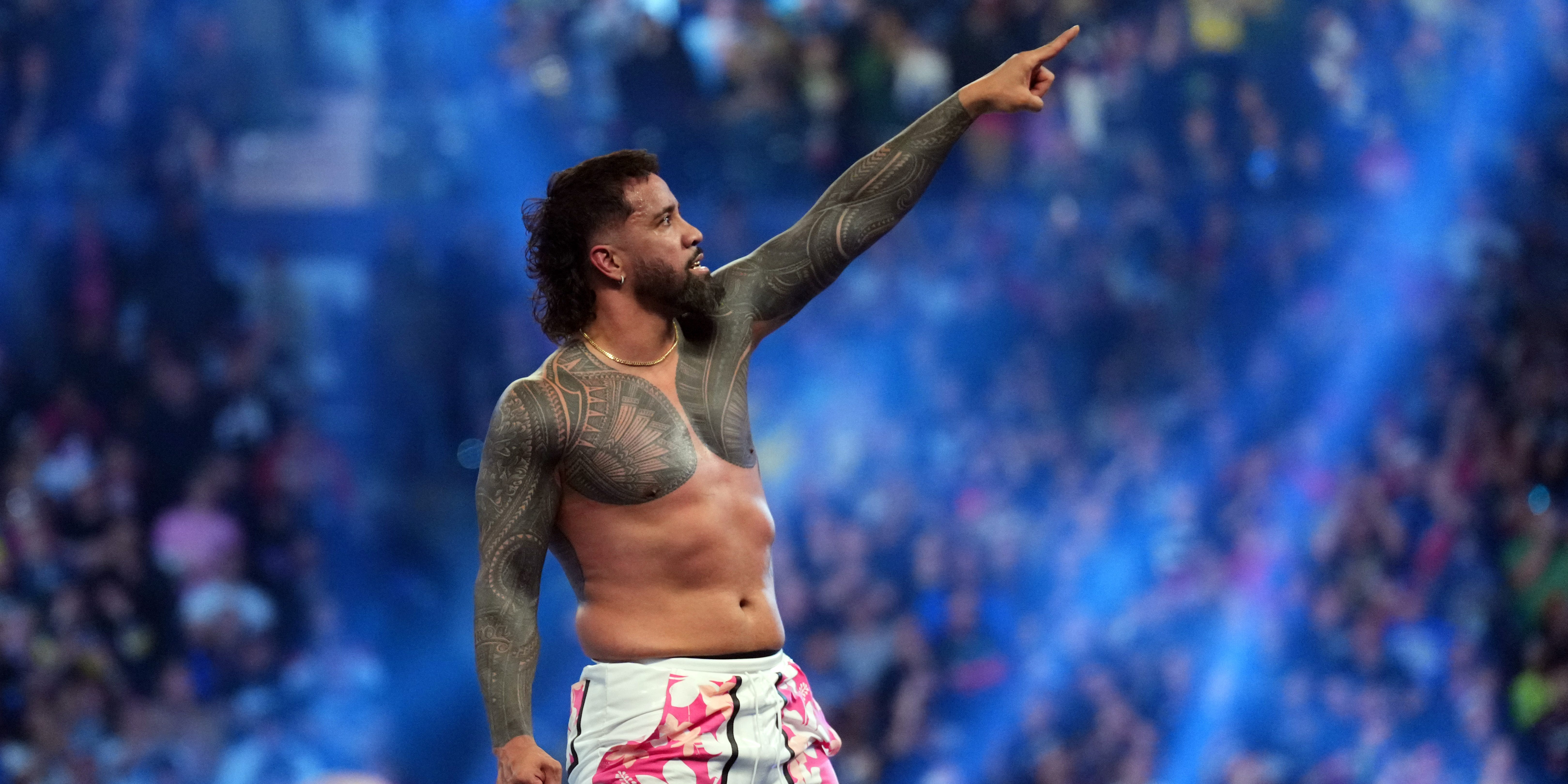 Jey Uso points and celebrates after winning the Men's Royal Rumble match during the 2026 WWE Royal Rumble.