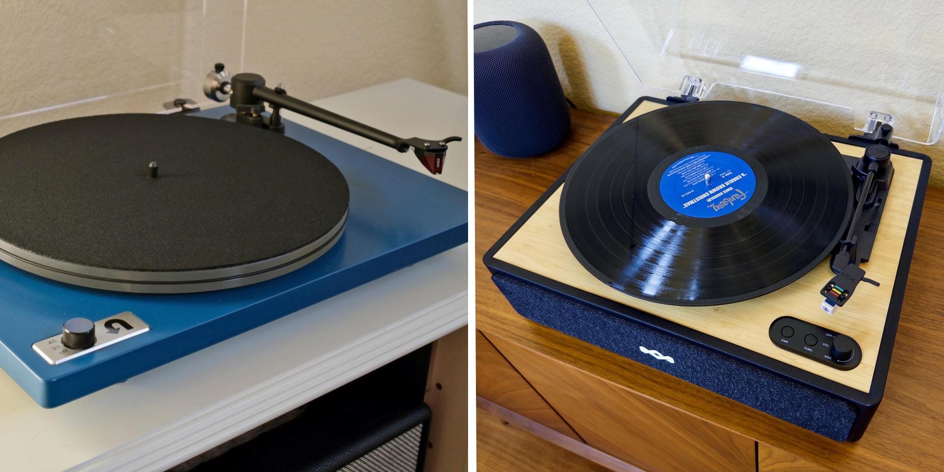 A side-by-side graphic with an original image of a U-Turn Orbit record player next to an original image of a House of Marley Rise Up record player.
