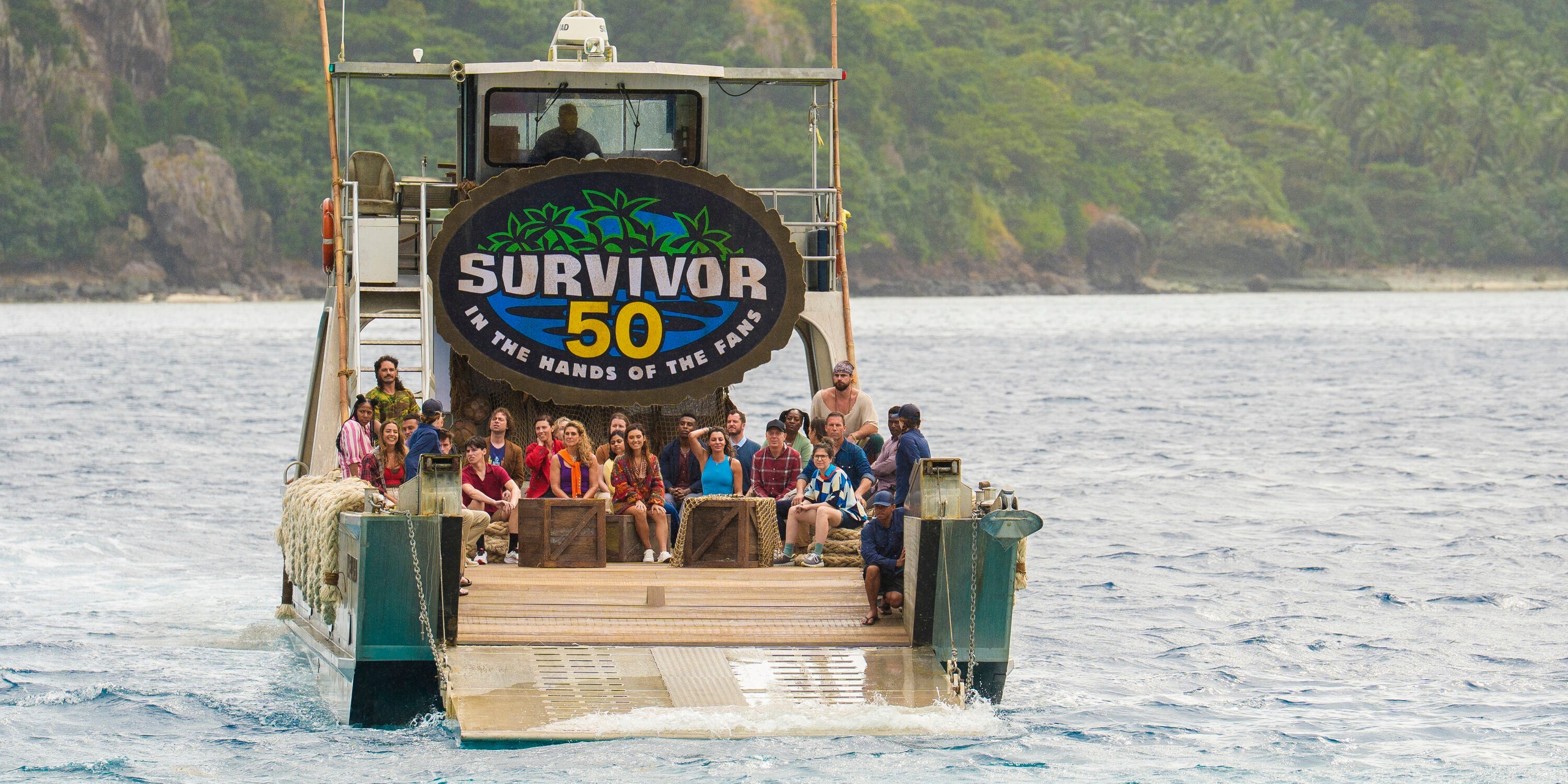 A ship carries Survivor contestants and displays a "Survivor 50" logo.