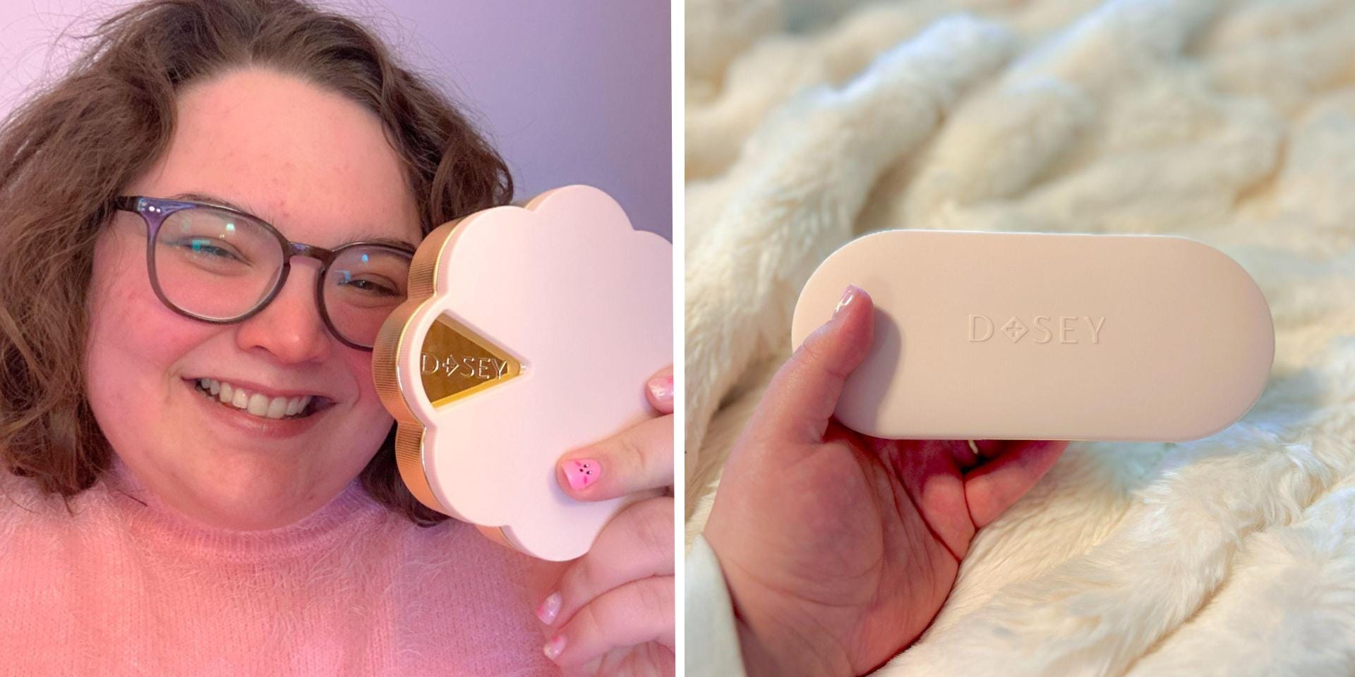 A side by side image of the author holding a Dosey twist+stack and a hand holding a dosey compact.