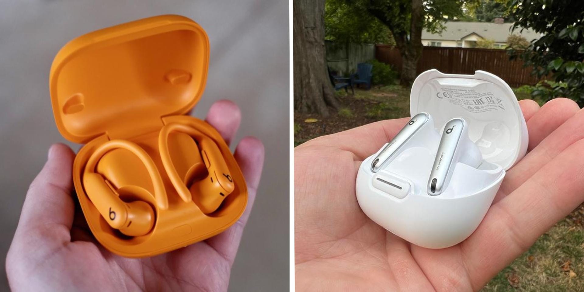 A composite graphic with an orange pair of Beats PowerBeats Pro 2 earbuds in their case in a person's hand next to an image of a pair<br /><a href=