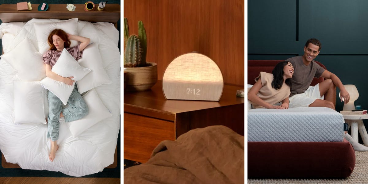 trio of images: a girl surrounded by pillows and a comforter, an alarm clock on a nightstand, a couple on a mattress